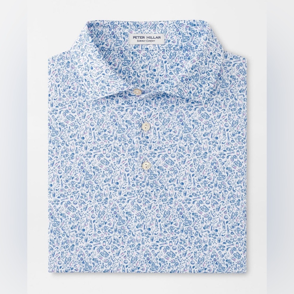 Peter Millar White Bar For The Course Performance Jersey Polo Golf Geo Print
